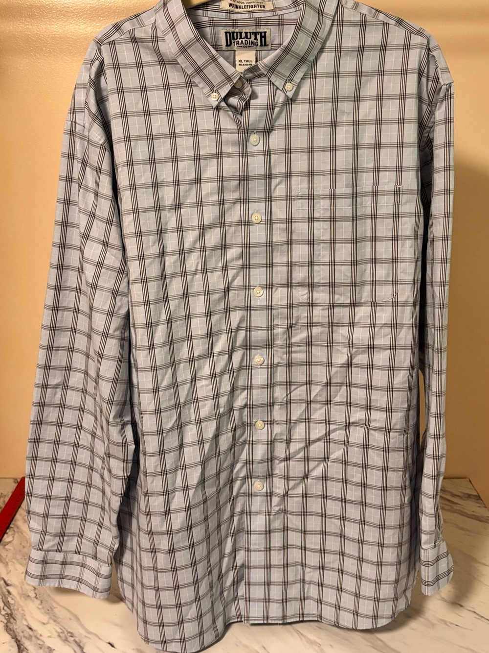 Duluth Trading Co Light Blue and Gray Plaid Button-Down Shirt